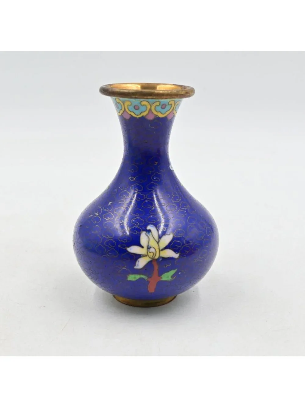 Chinese Cloisonne Miniature Flower Vase Cobalt Blue Enamel Gold Tone Rim 4